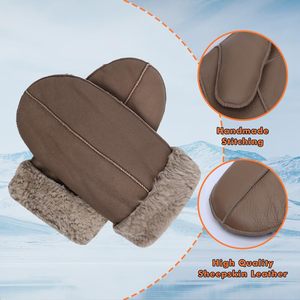 Mitaines confortables en cuir de mouton pour hommes pour femmes gants de mitaines doublés de fourrure d'hiver pour les fêtes de cyclisme quotidiennes à l'extérieur imprimées - Product Image 5
