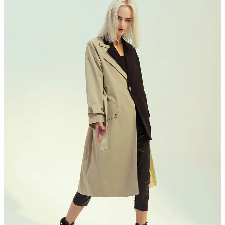 2020 New Spring Autumn Lapel Long Sleeve Button Spliced Bandage LooseロングビッグサイズWindbreaker Women Trench Fashion