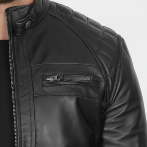 Chaqueta negra de cuero auténtico con cremallera y logotipo personalizado chaqueta bomber unisex ajustada estilo universitario para adultos - Product Image 1