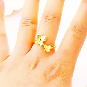 <strong>Women's</strong> New Gold-Plated Brass Double Butterfly Ring Sandblasted Vacuum Plated Factory Direct Sale - Product Image 5