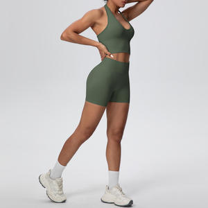 Ensemble de yoga et de sport pour femme, grande taille, réversible, uni, sans couture, avec logo personnalisé, dos ouvert, style licou, effet froncé aux fesses, vêtements de fitness et de gym - Product Image 4