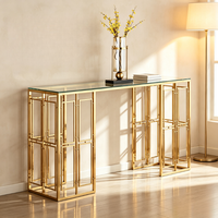 Table console de luxe en métal doré avec plateau en marbre, design moderne pour entrée, couloir, salon et usage hôtelier