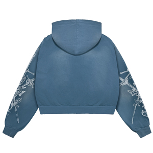 Sudadera con capucha y cremallera de alta calidad, estilo vintage, con estampado de plantas en azul grisáceo, desgastada y con efecto deshilachado, estilo streetwear, para hombre. - Product Image 2