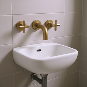 Grifo de Lavabo de Pared para Baño, Acabado Dorado Cepillado, 2 Manijas, Válvula de Cerámica, Latón, Diseño Minimalista - Product Image 2