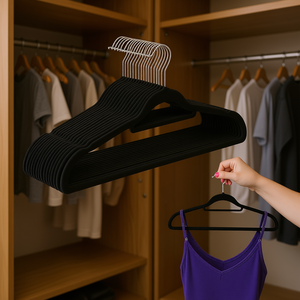 Confezione da 140 Appendiabiti in Velluto Nero Antiscivolo con Gancio Cromato, Spalle Intagliate Robuste, Organizzatore Portatile per Armadio - Product Image 2