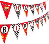 Bannière en papier Joyeux Anniversaire Thème Voiture de Course Écologique avec Décorations Drapeau à Carreaux pour Baby Shower Garçon