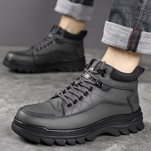 Bottes d'hiver pour hommes en cuir véritable, hauteur cheville, bout rond, doublure en fourrure, semelle extérieure antidérapante en caoutchouc, semelle intermédiaire en EVA, chaudes pour l'extérieur - Product Image 2