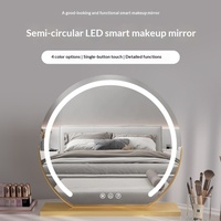 Miroir de maquillage intelligent de bureau avec cadre rond en métal doré LED, 1x grossissement, avec lumières LED à 3 couleurs réglables pour la chambre à coucher