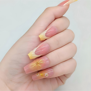 24 faux ongles à presser en forme d'amande française, rose-jaune dégradé, avec motifs floraux en relief 3D, design ombré, style doux et féminin - Product Image 2