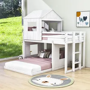 Good Quality Solid Wood Queen Size Children Kids Bunk Bed With Slides And Safety Barriers For Boys And Girls