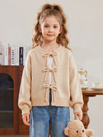 Cardigan en tricot uni avec nœud papillon pour fille, style décontracté et mignon, veste ouverte sur le devant pour enfants, vente en gros
