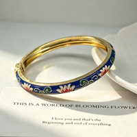 Gelang Berengsel Enamel Motif Bunga Gaya Cloisonne, Gelang Berpola Bunga Lukis Vintage Berlapis Emas, Perhiasan Fashion Elegan