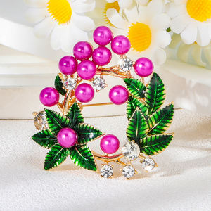 여성용 금도금 과일 체리 & 마젠타 진주 브로치 그린 에나멜 잎 모조 모조 라인 석 패션 쥬얼리 - Product Image 1