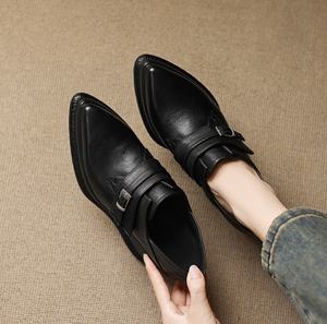 Pancake shaped bottom belt buckle one <b>heel</b> pointed-<b>toe</b> stylish all color leather shoes Mid Calf - Product Image 6
