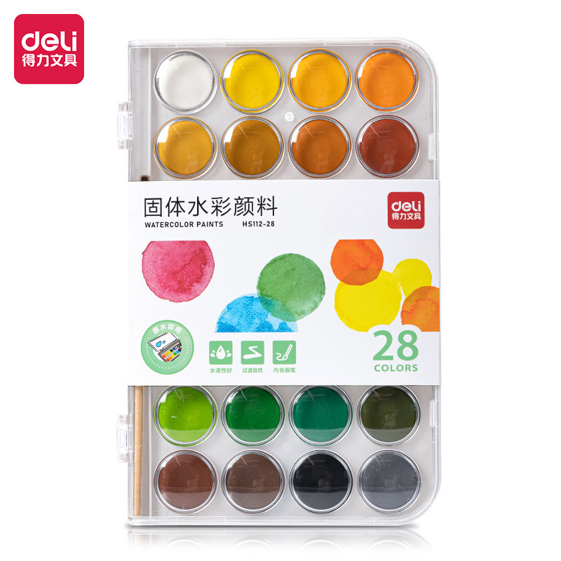 Boîte de mélange de peinture aquarelle solide Deli HS112-28 (28 couleurs)