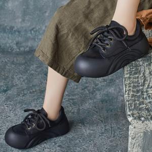 Chaussures plates décontractées pour femmes, style britannique, en cuir de vachette souple, à bout rond, à lacets, semelle souple, talon plat, plateforme, collection automne - Product Image 4