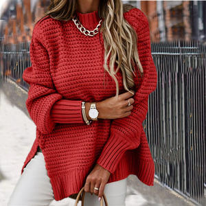 Nuevo suéter de punto para mujer, medio cuello alto, suéter de punto con abertura lateral de Color sólido - Product Image 3