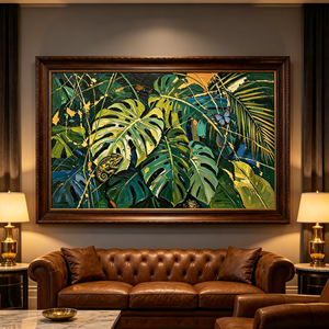 <span class=keywords><strong>Peinture</strong></span> Impasto Sculptée à la Main, Feuillage de Jungle Exuberant, Papillon Morpho Bleu Caméléon, Design Art Déco, Cadre Bleu, Hôtel Tropical - Product Image 2