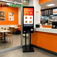 Kiosque de commande automatique 43 pouces avec écran tactile LCD, caméra, lecteur de code NFC et QR, imprimante thermique de tickets, sur pied pour restaurant