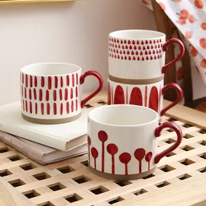 China Manufacturers Red Multi-pattern Stoneware Espresso Mug Handmade Ceramic Coffee Cup Set with Handle
