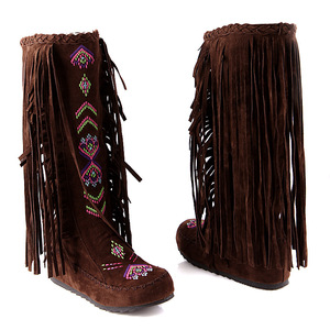 Botas Bordadas com Franjas em Veludo Fosco, Cano Alto e Salto Baixo, Botas de Lazer para Mulheres - Product Image 5