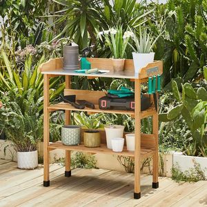 Tavolo <span class=keywords><strong>da</strong></span> Giardino in Legno con Ripiano in Metallo, 3 Ripiani di Stoccaggio con Ganci, Tavolo <span class=keywords><strong>da</strong></span> Giardinaggio per Esterni - Product Image 2
