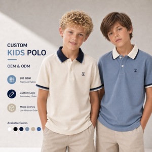 Polo Premium para Niños, Color <span class=keywords><strong>Crema</strong></span> Azul Polvoriento, 200GSM, Logotipo Personalizado ODM, Cuello con Ribete, Proveedor de Ropa Infantil de Lujo - Product Image 1
