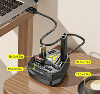 HUB USB con Lector de Tarjetas, 2 Puertos USB 2.0 + 1 Tipo-C, Compatible con SD/MS/TF/M2, Cable de 60 cm, 480 Mbps, Compatible con Windows, Mac, Linux