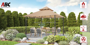 Toit gazebo double couche de luxe avec garniture décorative Toit en tissu naturel et bois traité sous pression - Product Image 6