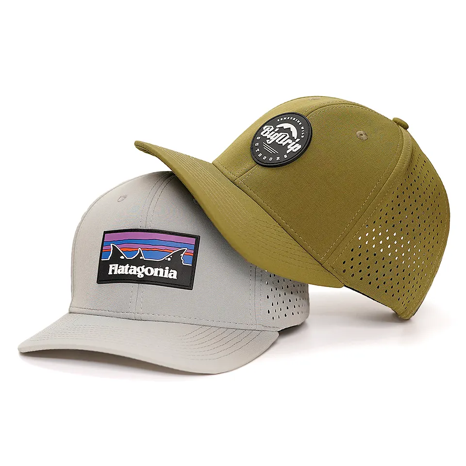 custom 6 panel rubber patch dry fit mens gorras snapback cap laser-boring nylon performance golf hat wholesale