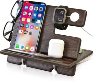 Portable Bamboo Phone Stand Durable Wood Docking Station Nightstand Organizer with Key Holder Wallet Stand for Gift