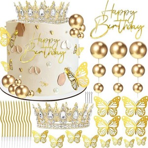 Kit de décoration de gâteau Couronne de Cristal, Diadème en Strass, Boule de Bougie Ondulée Dorée Papillon Filigrane, Joyeux Anniversaire, Fournitures de Fête Princesse - Product Image 2
