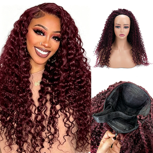 3 in 1 Drawstring Half <b>Wig</b> Synthetic Soft Fiber Curly <b>Wig</b> Burgundy Color <b>Wigs</b> Glueless Deep Wave Kinky Curly <b>Wig</b> for Black Women - Product Image 1