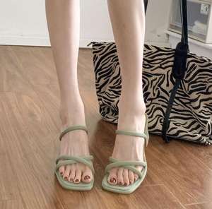 Pantuflas de tacón medio para mujer, de verano e invierno, para exterior, de caña alta, verdes, con punta cuadrada abierta y tacón grueso, sin cordones - Product Image 2