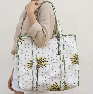 <b>White</b> Floral Quilted <b>Tote</b> <b>Bag</b> Travel Shoulder <b>Bag</b> Grocery Shopping <b>Bag</b> Vacation Beach <b>Tote</b> Reusable Cotton Carryall - Product Image 1