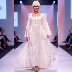 Beautiful <b>White</b> Cotton Luxury <b>Maxi</b> <b>Dress</b> Long Sleeve Square Neck Ruched Bodice Lace Embroidered Elegant Regular Fit <b>Summer</b> - Product Image 3