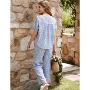 Pijamas de gingham para mujer, conjunto de 2 piezas, top Henley de manga corta, pantalones de pierna ancha, ropa de dormir suave tejida, ropa informal para estar en casa. - Product Image 4