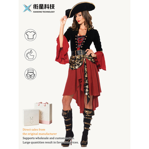 Costume de pirate féminin d'Halloween à manches longues, style western, avec crâne et thème caribéen - Product Image 1