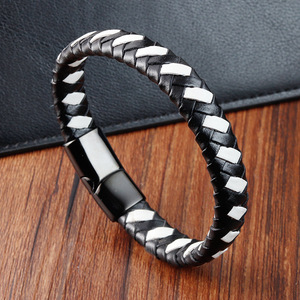 Hand-woven <b>red</b> and white leather <b>bracelet</b> genuine leather braided cord with vintage-style stainless steel accents - Product Image 2