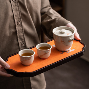 <b>Tea</b> <b>Tray</b> Set With Teapot Holder And Cups For Dry Brewing Home Use Elegant Chinese Style Orange Mat Dehua Origin - Product Image 1