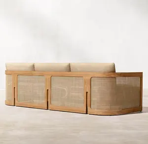 Conjunto de sofá de madeira natural, conjunto de sofá de madeira sólida pe rattan grosso