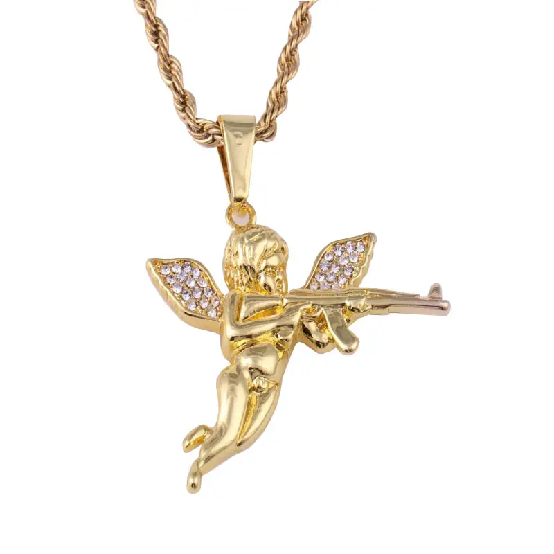 Luxury Rhinestone Boy Cherub Wings Pendant Necklace Shoot Cupid Love God Gold Color Hip Male Charm Collar Long Chain Jewelry