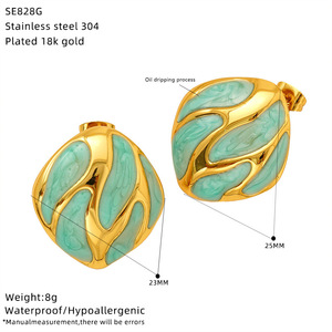 Boucles d'oreilles carrées géométriques en acier inoxydable <span class=keywords><strong>de</strong></span> style métallique, bijoux plaqués or à la mode avec sertissage à bélière et gouttes d'huile colorées - Product Image 4