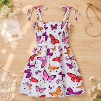 Robe Camisole Smocked à Imprimé Floral Respirant pour Fillettes, Coupe Décontractée Trapèze Longueur Genou, Idéale pour les Tenues de Vacances Estivales