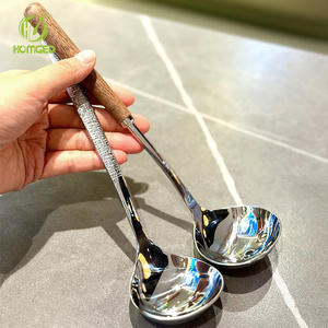 Modern 304 Stainless Steel Silver Plated Mirror Polish Hammered <b>Wooden</b> Handle Soup <b>Ladle</b> Household Anti-scalding Colander - Product Image 2
