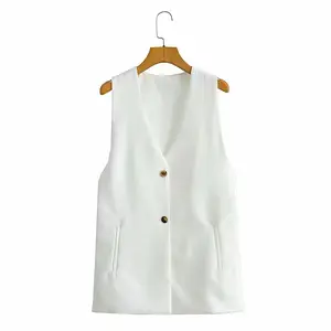 Logo Custom Women Waistcoat Ladies White V Neck Button and Pockets Side Slit Sleeveless Vest Coat For Women