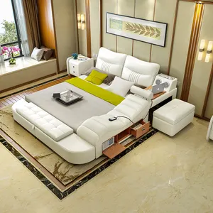 침실 가구 덮개를 씌운 침대 세트 럭셔리 현대 흰색 가죽 킹 사이즈 현대 호텔 스마트 가죽 침대