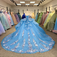 Robes de bal Quinceañera Jancember 6865 populaires, bleues, avec décolleté cœur, baleines et fleurs appliquées