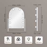 Manufacturer LED Arch Metal+Glass Freestanding Home Use Vanity Mirror 10 Dimmable Bulbs Touch Screen Detachable Magnifying