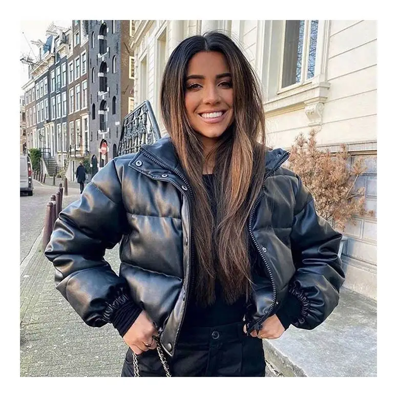 Popular Winter Thick Warm Short Parkas Women Fashion Black Pu Leather Coats Elegant Zipper Cotton Jackets Female Ladies